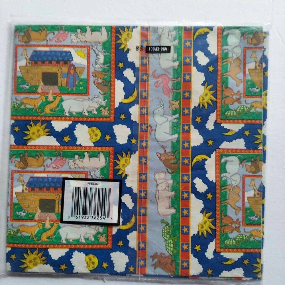 Vintage Sealed Gift Wrap Noah's Ark ~ 2 Sheets Flat Colorful Animal Paper NOS - Picture 4 of 5